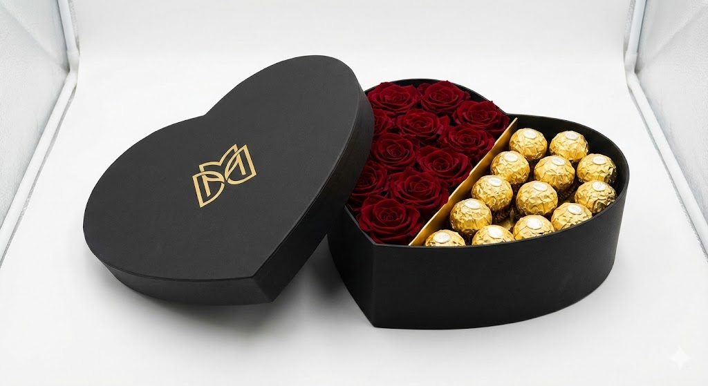 Coffret Cœur Noir avec Roses Rouges et Chocolats Ferrero Rocher